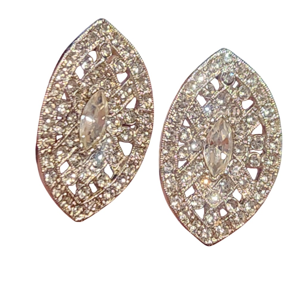 Kenneth Jay Lane Silver Tone Rhinestone Marquise Clip On Statement‎ Earrings